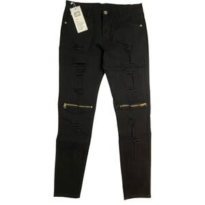 Fashion Jeans Mens 32 Black Distressed Skinny Ripped Denim Gold‎ Knee Zippers